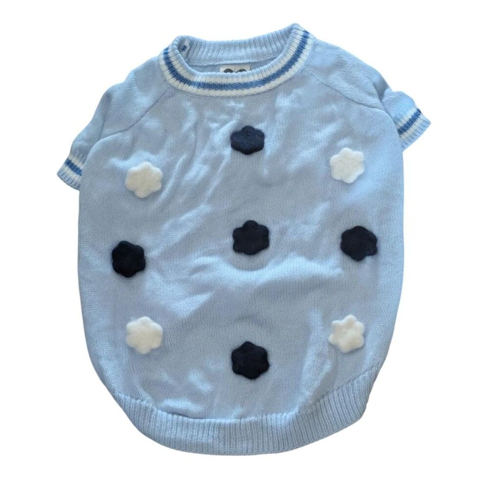 Anthropologie Light Blue Floral 3D Pom Applique Knit Dog Sweater, Size XL